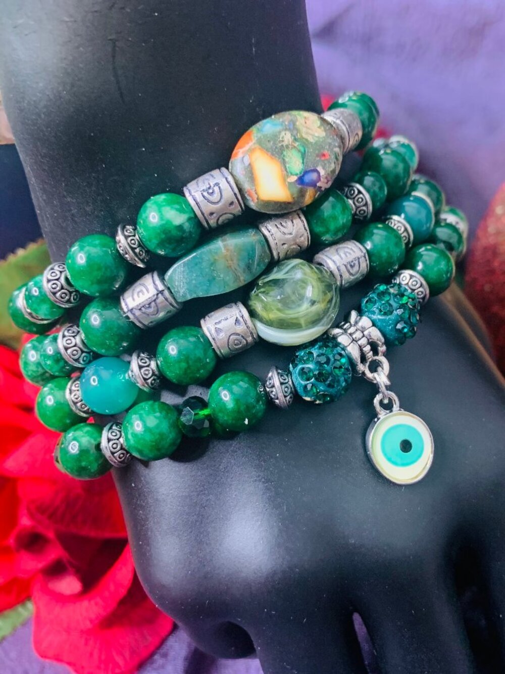 Evil Eye Charm, Green Jade, Agate, Aventurine, Glass & Pewter Bracelet Set